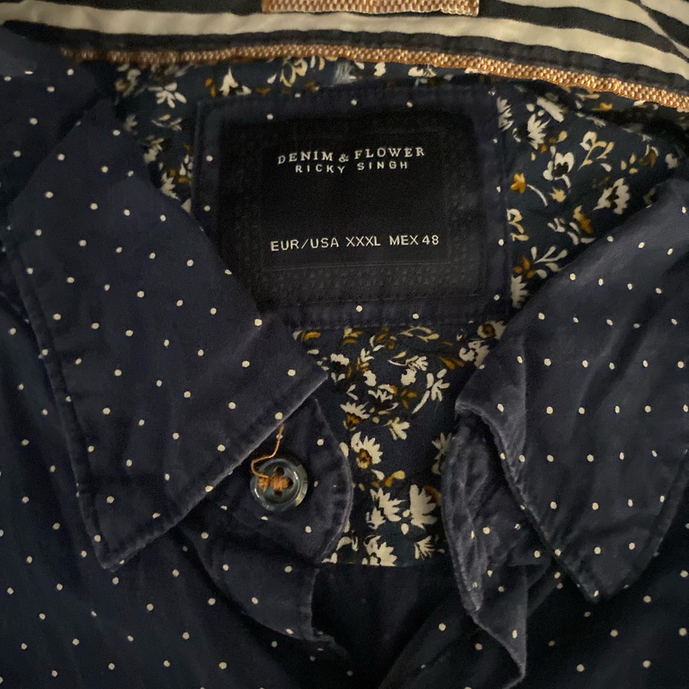 Denim & Flower Navy White Polka Dot Shirt with Floral Trim